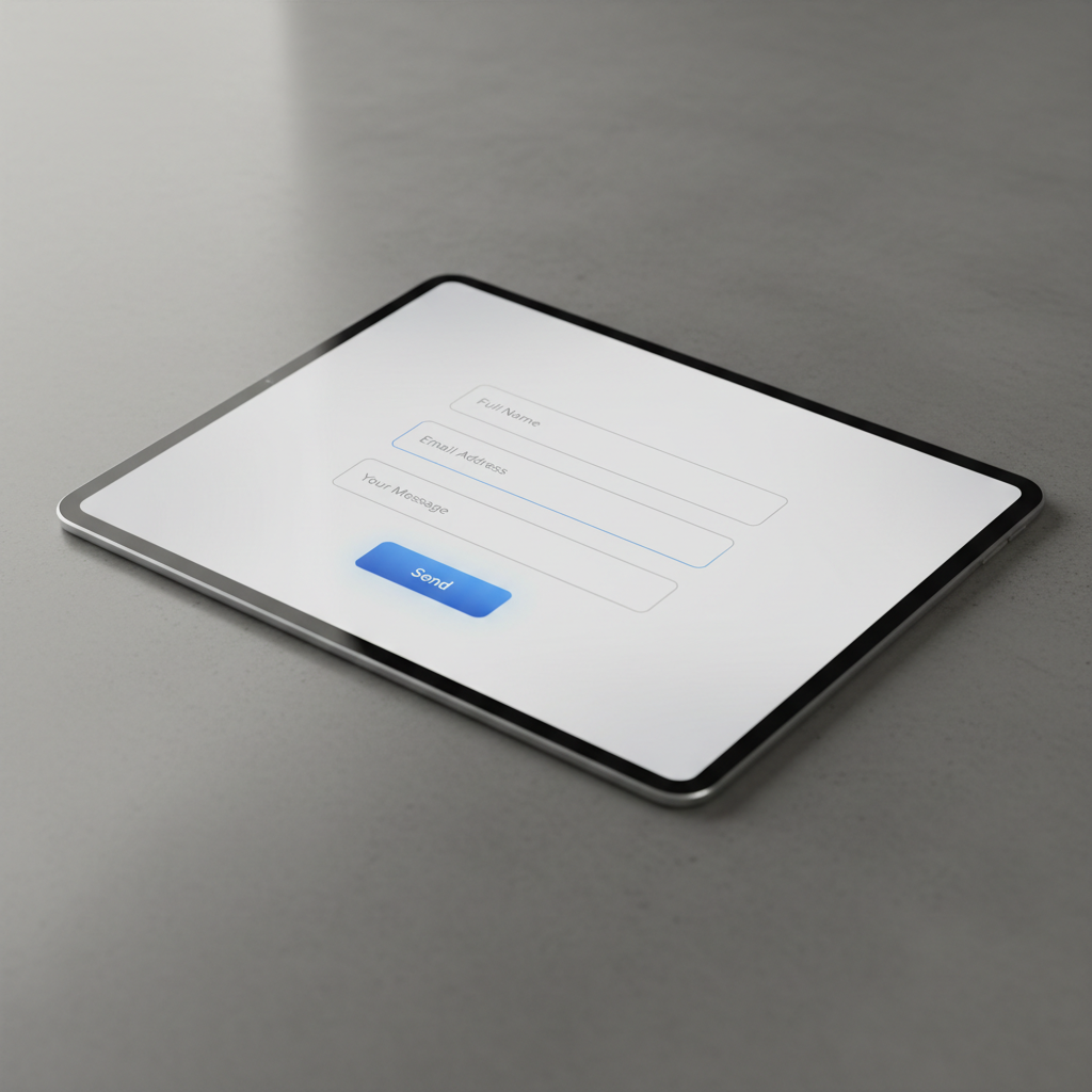 Ein Tablet liegt auf einer grauen Oberfläche und zeigt ein Kontaktformular mit Eingabefeldern für Name, E-Mail-Adresse und Nachricht sowie einen Senden-Button.